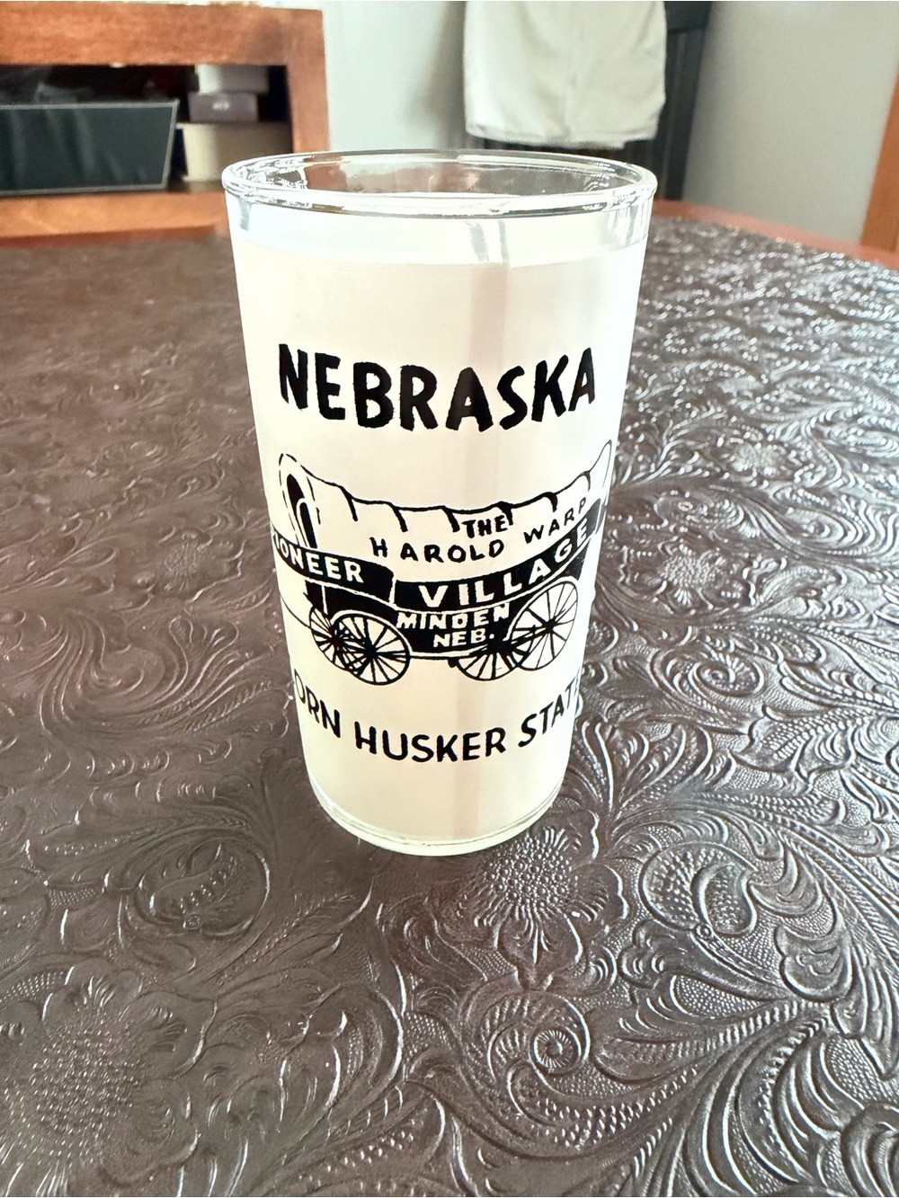 Vintage Nebraska Pioneer Village Tall Glass - White with Black Print